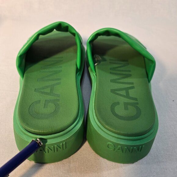 GANNI Green Vegea Slides Embossed Logo Slip-On Flat Platform Sandals Size 8.5/9. - Picture 16 of 16